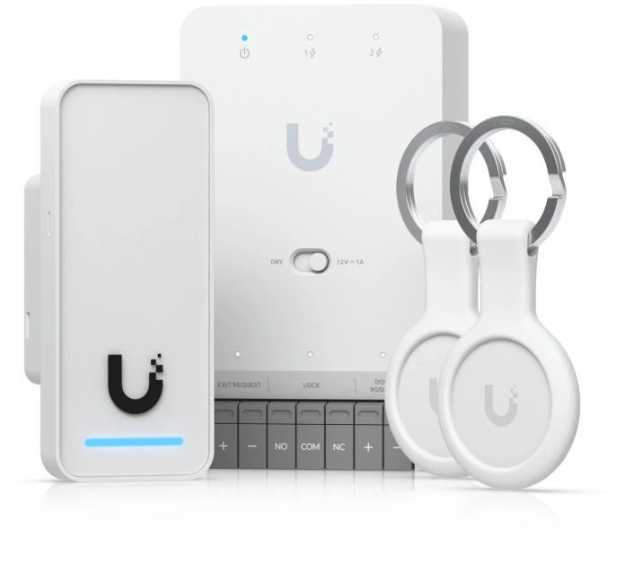 „UBIQUITI G3“ PRADINIŲJŲ RINKINYS. PAPRASTAS, VISKAS VIENAME RINKINYS, SKIRTAS VIENOMS DURIMS VALDYTI VIENU SKAITYTUVU. PALAIKO SKLANDŲ NUSTATYMĄ IR „APPLE TOUCH PASS“, KAD SKIRTA MODERNIAI IR SAUGIAI PRIEIGOS KONTROLEI.