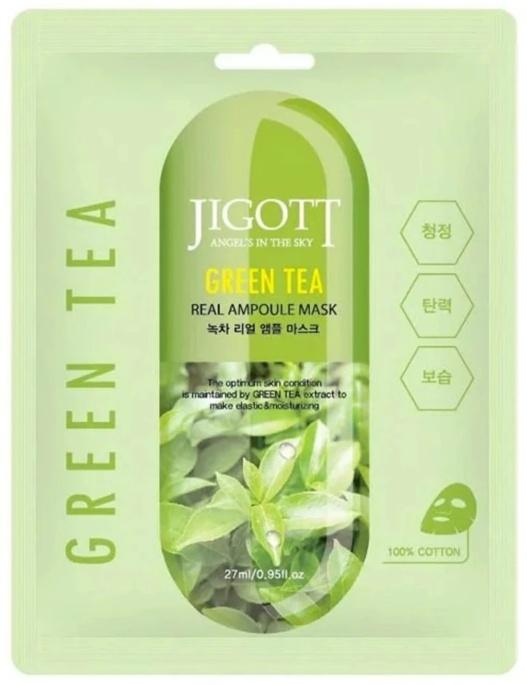 Jigott Žalias Tea Real Ampoule Mask - lakštinė veido kaukė su žaliosios arbatos ekstraktu, 27 ml