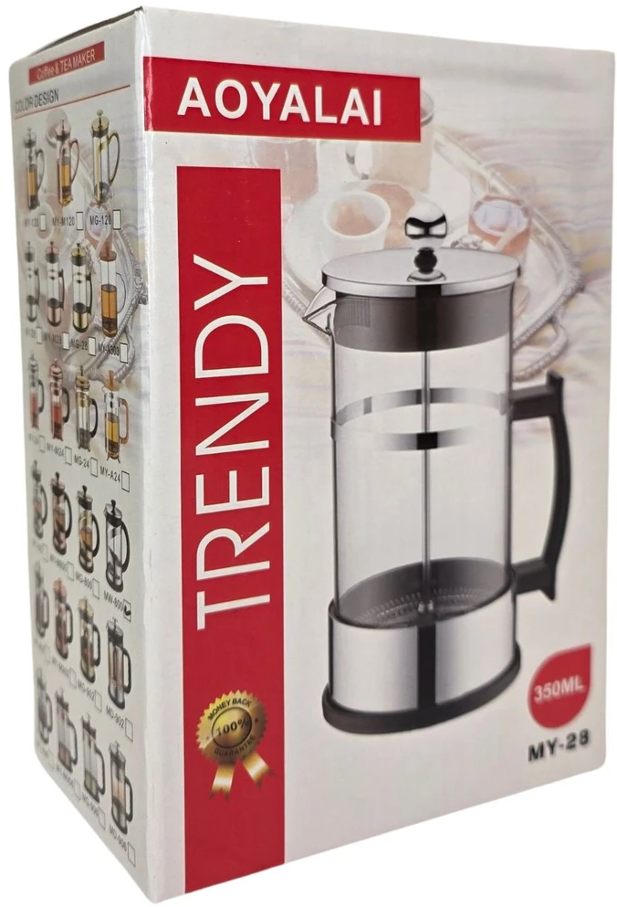 Virdulys Stiklinis arbatinukas su nerūdijančio plieno nuspaudžiamu sieteliu 350ml