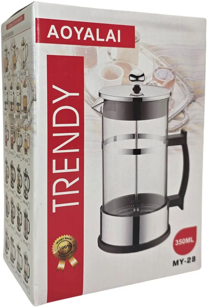 Virdulys Stiklinis arbatinukas su nerūdijančio plieno nuspaudžiamu sieteliu 350ml