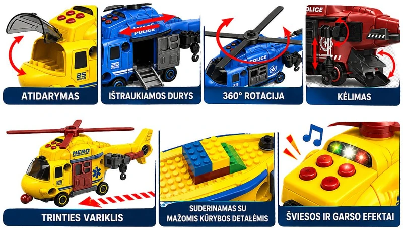 Žaislinis policijos sraigtasparnis su pagalbos teikimo įrankiais