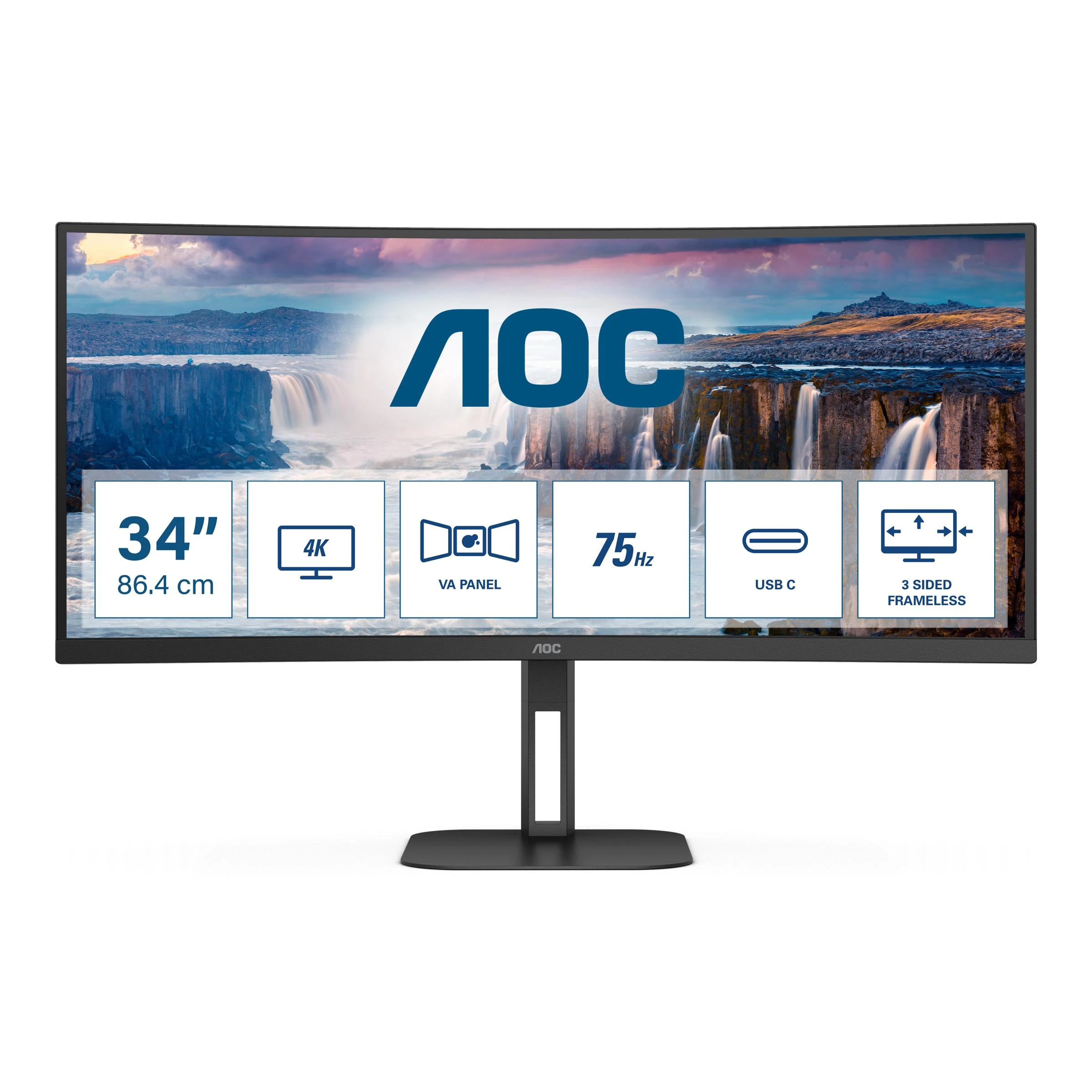 Monitorius AOC CU34V5C, 34" UWQHD (3440x1440) lenktas VA, 21:9, 100Hz, USB-C PD 65W, DP, HDMI