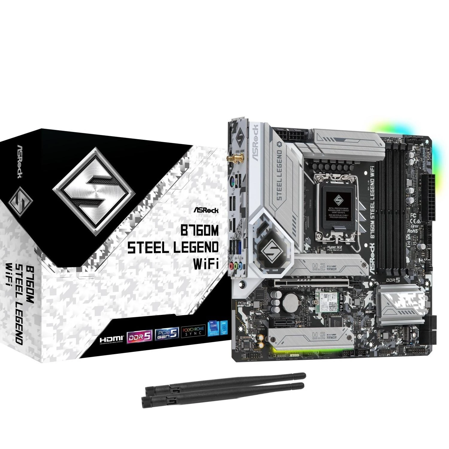 Pagrindinė plokštė ASROCK Intel B760 Express, LGA1700, Micro-ATX, Atmintis DDR5, Atminties lizdai 4, 1xPCI-Express 4.0 1x, 1xPCI-Express 5.0 16x, 4xM.2, 1xHDMI, 1xDisplayPort, 2xUSB, 2xUSB, 2x,3. 1xPS/2, 1xRJ45, 3xgarso prievadas, B760MSTEELLEGENDWIFI