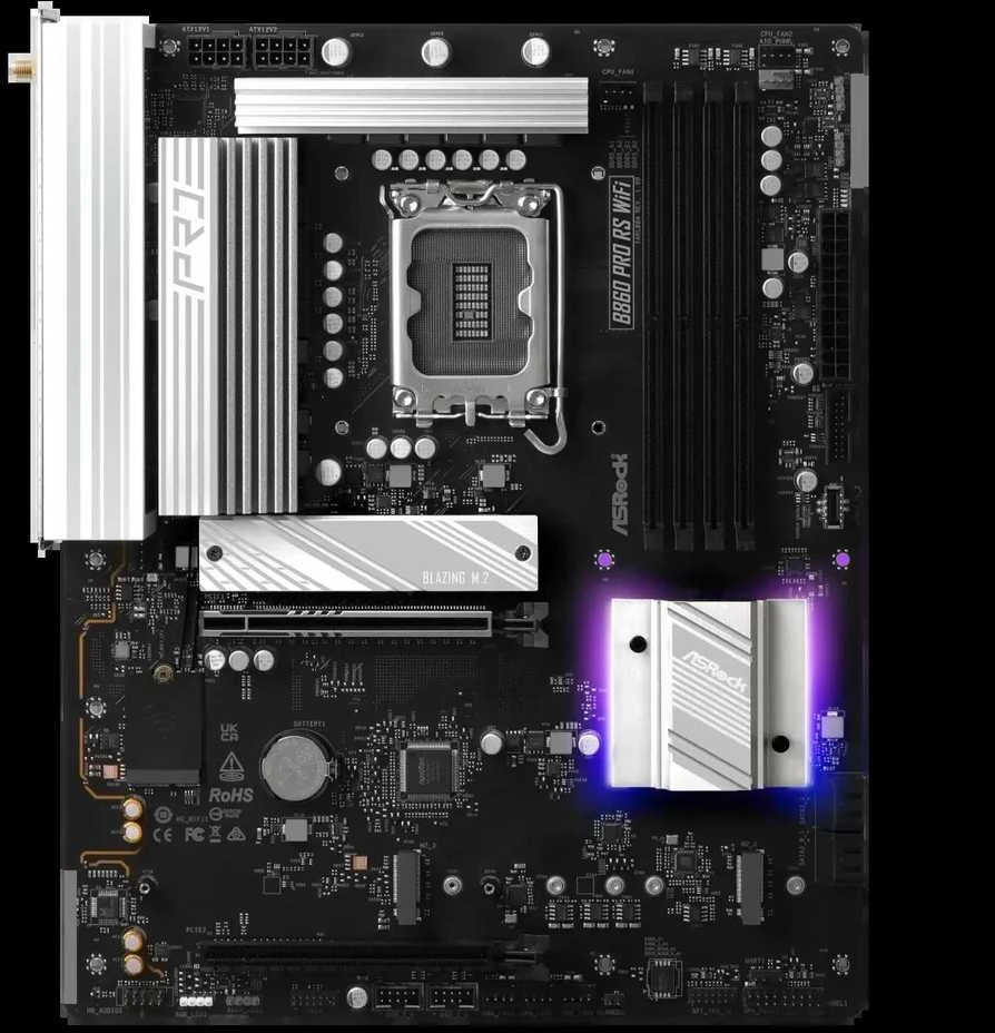 ASRock B860 PRO RS WIFI | Procesorių šeima Intel | Procesoriaus lizdas LGA1851 | DDR5 | Palaikomos kietojo disko sąsajos SATA, M.2 | SATA jungčių skaičius 4