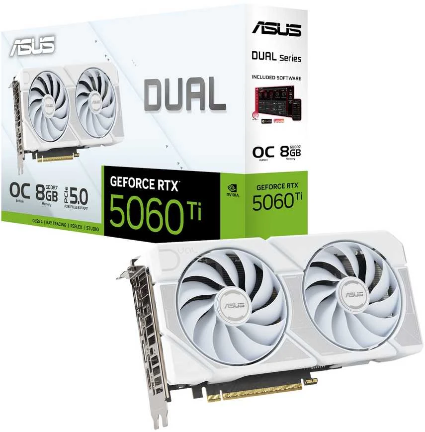 Vaizdo plokštė Asus Dual GeForce RTX 5060 TI Baltas OC 8GB GDDR7 DLSS4 (DUAL-RTX5060TI-O8G-Baltas)