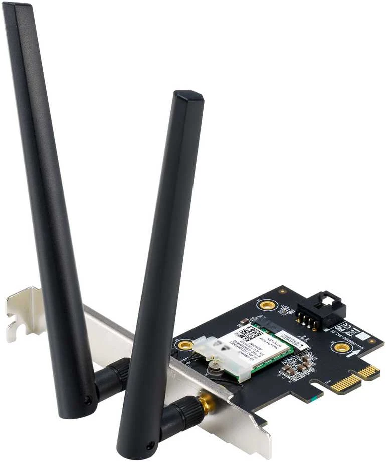 Asus PCE-AXE5400 "WiFi 6E PCI-E" adapteris su 2 išorinėmis antenomis. Palaiko 6 GHz dažnių juostą, 160 MHz, Bluetooth 5.2, WPA3 tinklo apsaugą, OFDMA ir MU-MIMO