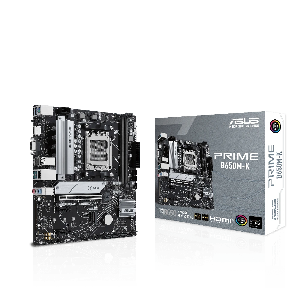 Pagrindinė plokštė Asus | PRIME B650M-K | Procesorių šeima AMD | Procesoriaus lizdas AM5 | DDR5 | Palaikomos standžiojo disko sąsajos SATA, M.2 | SATA jungčių skaičius 4