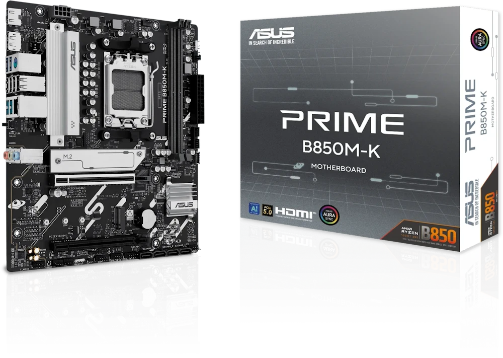 Pagrindinė plokštė Asus PRIME B850M-K | Procesorių šeima AMD | Procesoriaus lizdas AM5 | DDR5 | Palaikomos standžiojo disko sąsajos SATA, M.2 | SATA jungčių skaičius 4