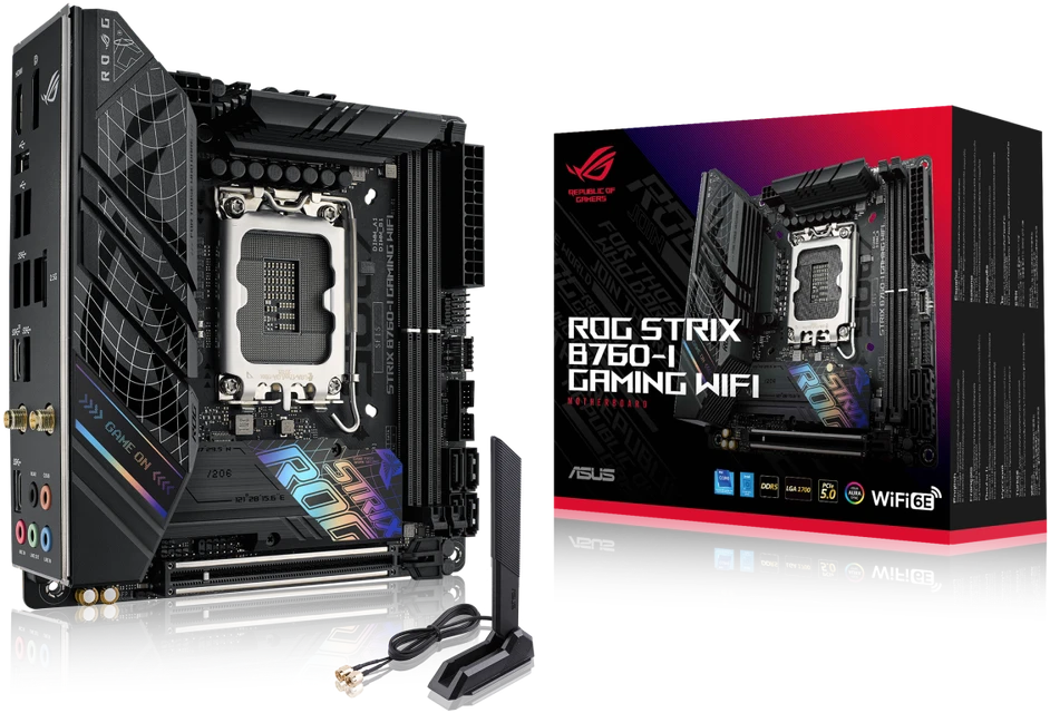 Pagrindinė plokštė ASUS Intel B760 Express / LGA1700 / Mini-ITX / Atmintis DDR5 / Atminties lizdai 2 / 1xPCI-Express 5.0 16x / 2xM.2 / 1xHDMI / 1xDisplayPort / 3xUSB 2.0 / 3xUSB 3.2 / 2xUSB-5  /  STRIXB760-IGAMINGWIFI
