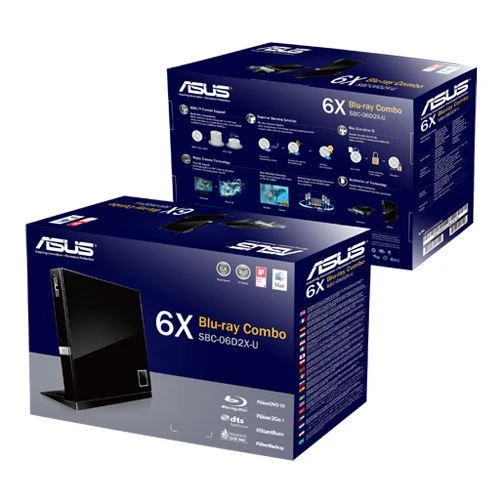 ASUS SBC-06D2X-U Išorinis plonas Blu-ray skaitymo diskas, Juodas, BDXL palaikymas, 6X Blu-ray skaitymo greitis, USB 2.0 Asus