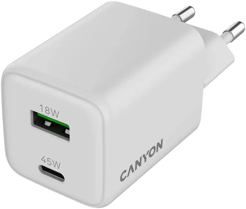 CANYON įkroviklis CU45AC GaN 45W 1xPD 1xQC EU Baltas