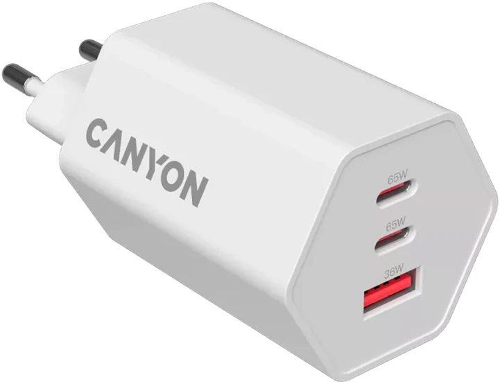 CANYON įkroviklis HEXAGON 65 GaN 65W 2xPD 1xQC EU Baltas