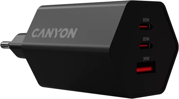 CANYON įkroviklis HEXAGON 65 GaN 65W 2xPD 1xQC EU Juodas