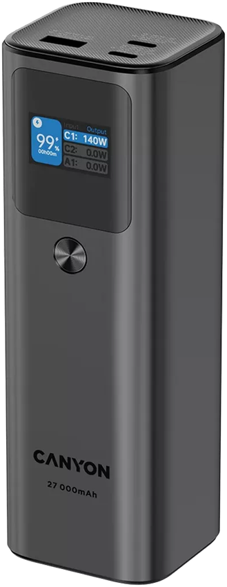 CANYON maitinimo blokas PB-2010 TFT 27000 mAh 97,2Wh PD140W QC 3.0 Tamsiai pilka