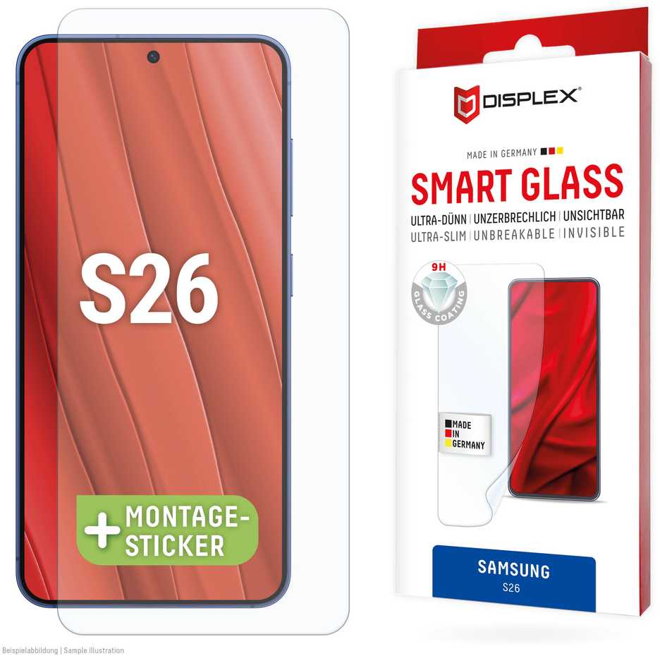„Samsung Galaxy S26“ išmaniojo ekrano stiklas, pagamintas iš „Displex“ skaidraus stiklo