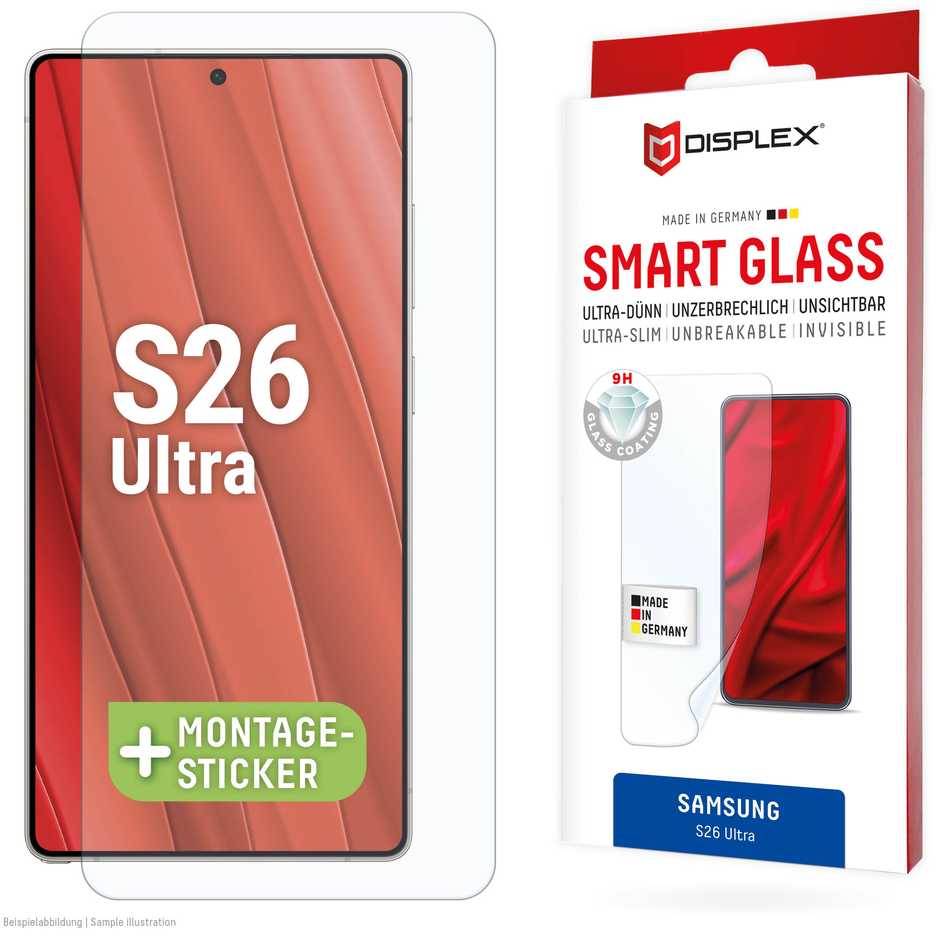 „Samsung Galaxy S26 Ultra“ išmaniojo ekrano stiklas, pagamintas iš „Displex“ skaidraus stiklo