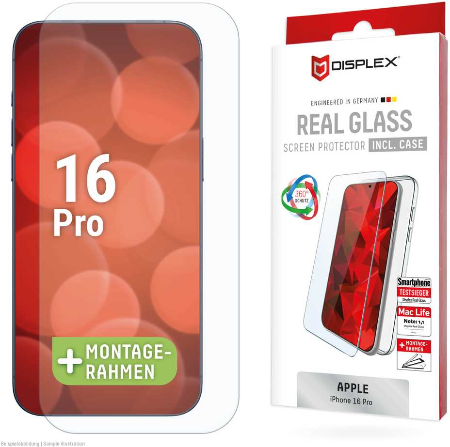 Apple iPhone 16 Pro tikras ekrano stiklas + dėklas, pagamintas „Displex“, skaidrus