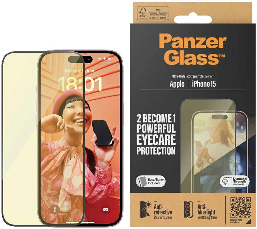 Panzer Glass PanzerGlass | Ekrano apsauga | Apple | iPhone 15 | Stiklas | Išvalyti | Itin platus pritaikymas; Lengvas montavimas; Atsparus pirštų atspaudams; Anti-mėlynas šviesa; Neatspindintis; Apsaugo nuo pageltimo | Akių priežiūra