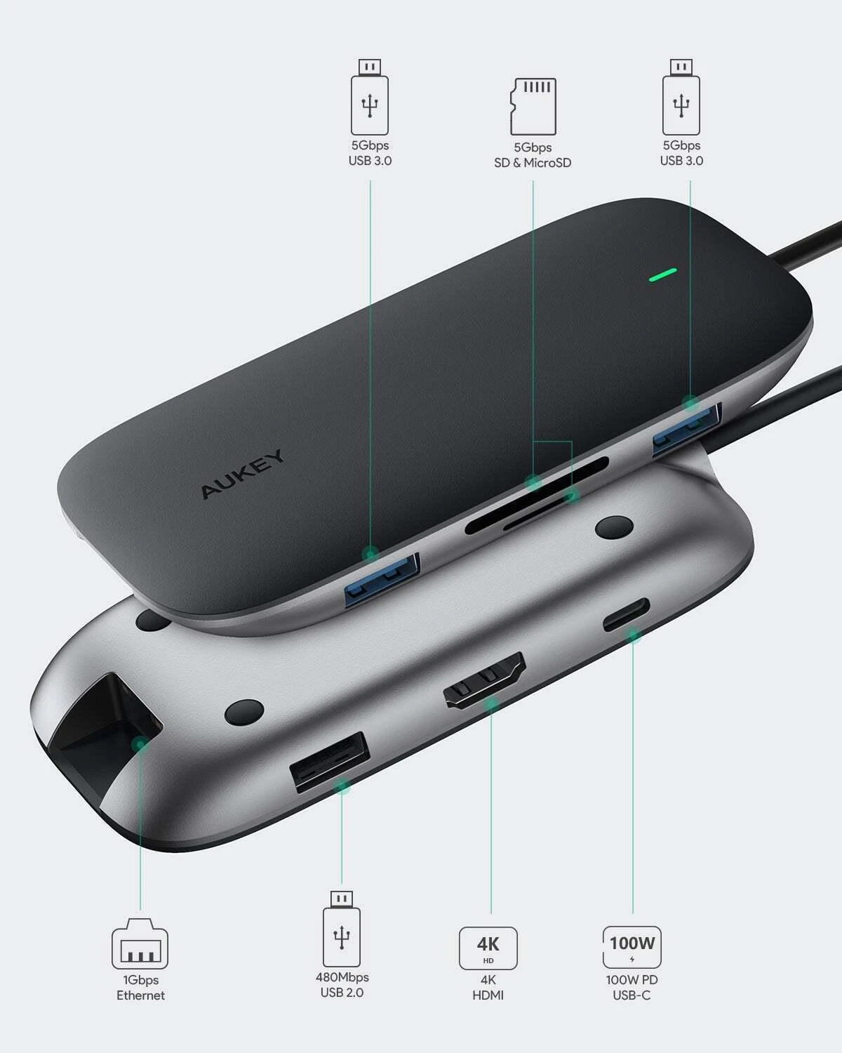 Aukey 8 Port USB 3.0 Type-C Hub CB-C71 Juodas