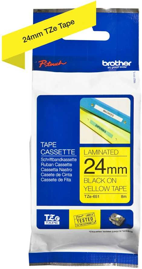 Brother | TZe-651 Laminated Tape | Juodas On Geltona | TZe | 8 m | 2.4 cm