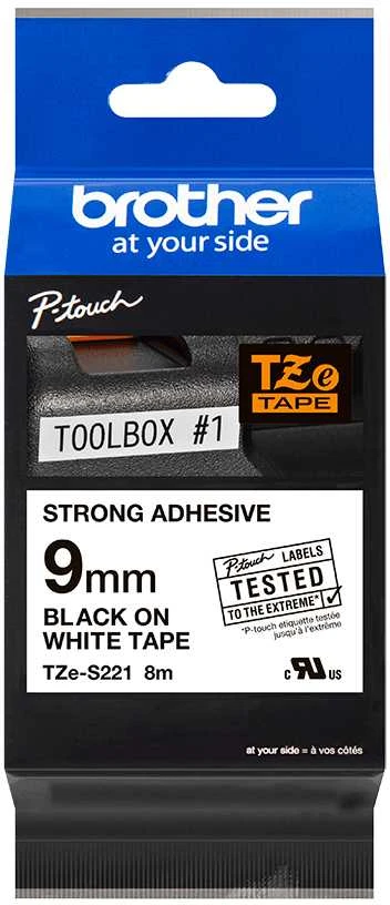 Brother | TZe-S221 Strong Adhesive Laminated Tape | Juodas on Baltas | TZe | 8 m | 9 cm
