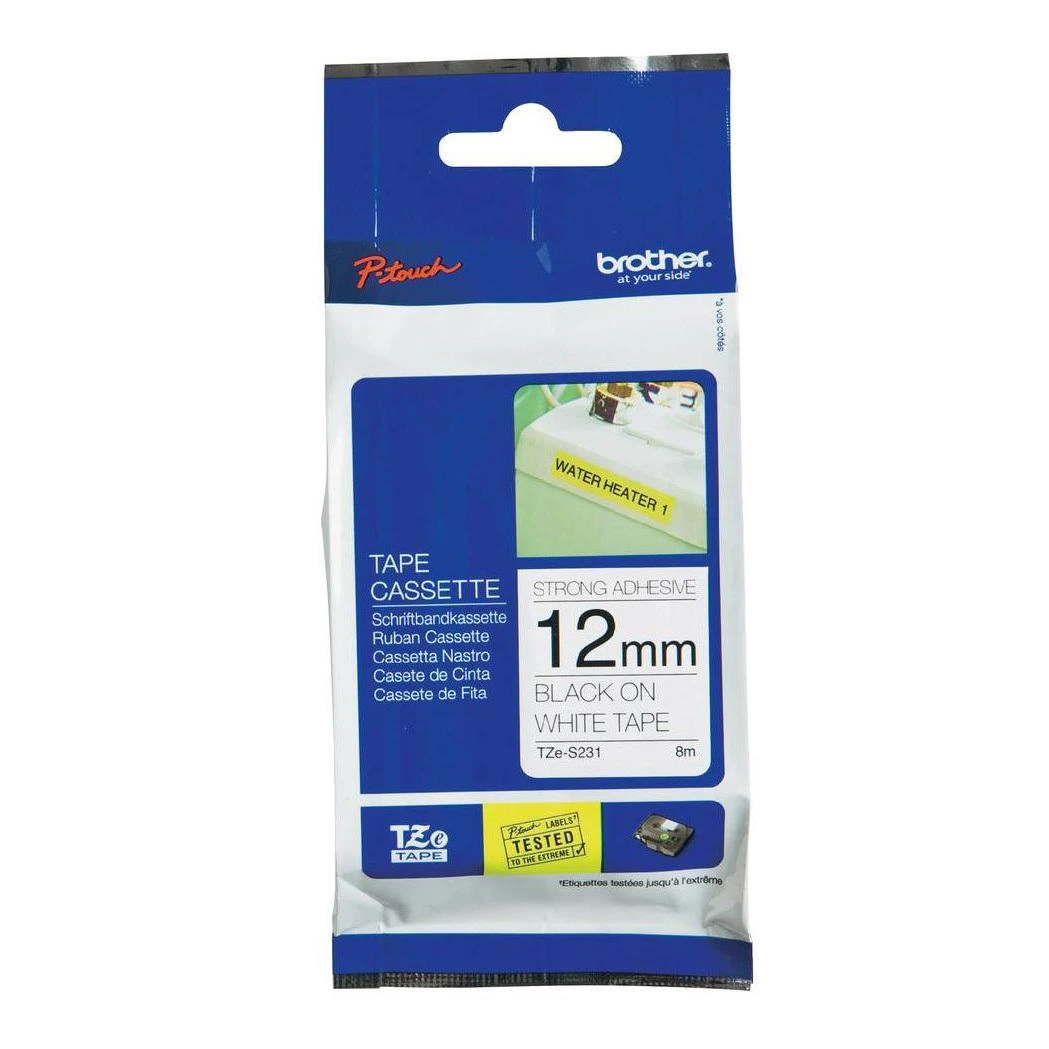 Brother | TZ-S231 Strong Adhesive Laminated Tape | Juodas on Baltas | TZe | 8 m | 1.2 cm