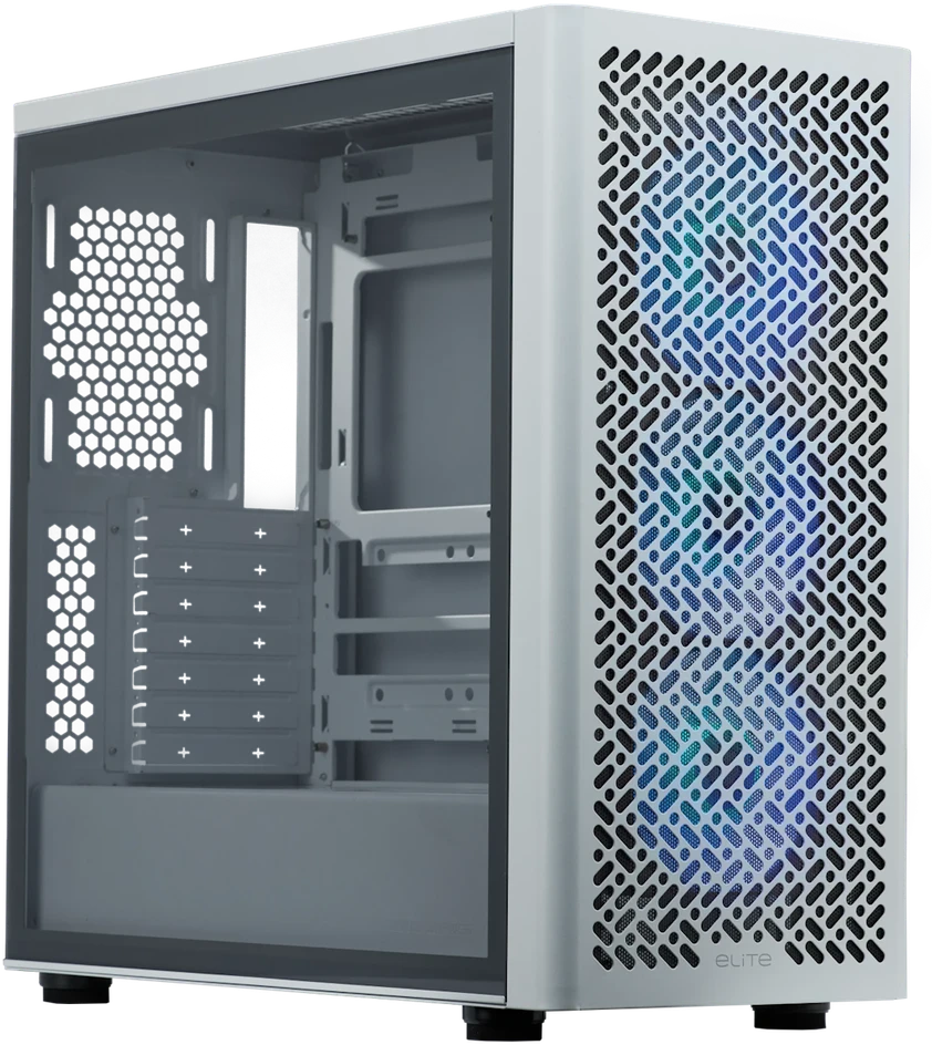 „Cooler Master Elite 502“ kompiuterio korpusas, „Midi-Tower“, ATX, ARGB, grūdintas stiklas - baltas
