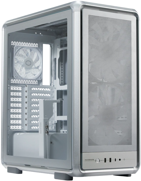 „Cooler Master“ korpusas „MasterFrame 500 Mesh“ sidabrinis, permatomas šoninis skydelis, ATX, 2x 200 mm ventiliatoriai, 1x 120 mm ventiliatorius, pilkas