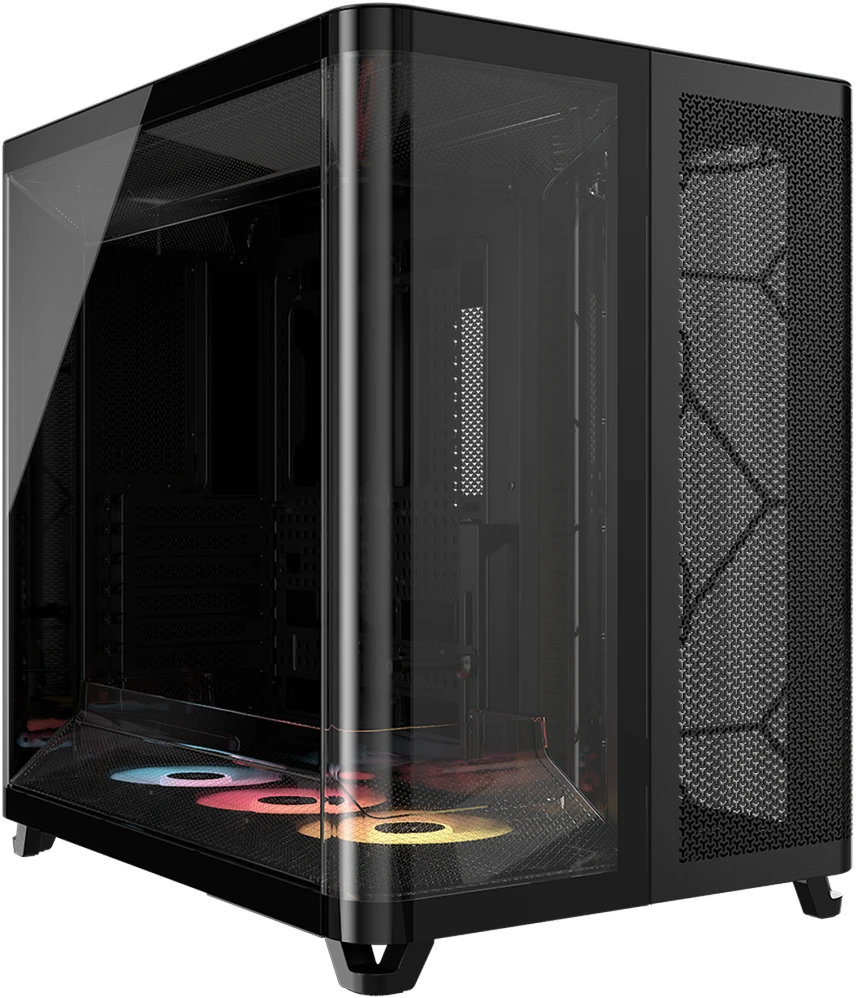 „Corsair AIR 5400 RS-R ARGB“ korpusas, vidutinio dydžio bokštas, grūdintas stiklas, RGB ir juodas, komplekte yra 3 x 120 mm ventiliatoriai
