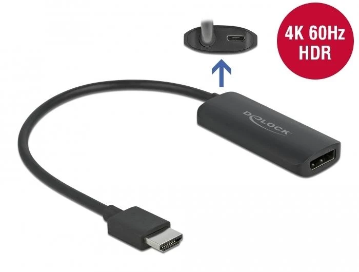 Adapteris HDMI kištukas ir Displayport lizdas microUSB maitinimo blokas 4K 60Hz Delock 24cm