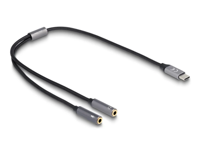 Delock Headset Adapteris USB Type-C™ Stecker DAC 24 Bit - / 96 kHz Hi-Res zu 2 x 3,5 mm 3 Pin Klinkenbuchse