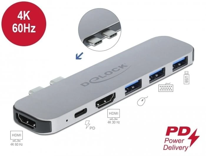 „Delock“ prijungimo stotelė, skirta „MacBook Dual HDMI 4K / PD / Hub“.