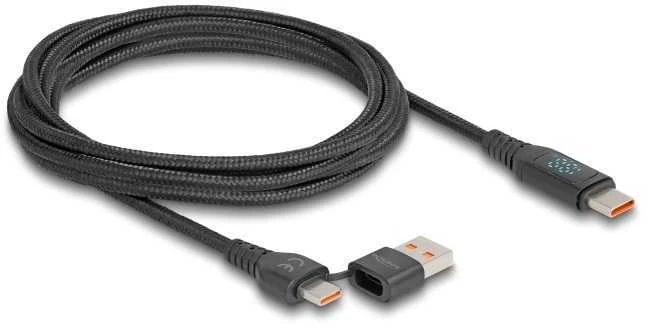 Delock USB 2.0 Schnellladekabel USB Type-C™ + USB Typ-A Stecker zu USB Type-C™ Stecker PD 3.1 140 W mit Leistungsanzeige 1,20 m
