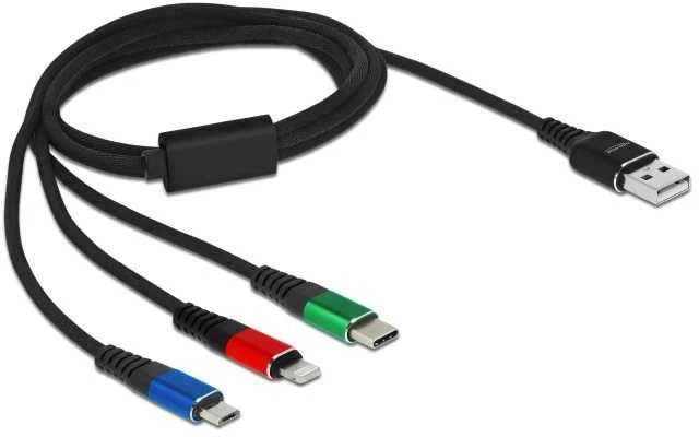 Delock USB įkrovimo laidas 3 viename, skirtas Lightning™ / Micro USB / USB Type-C™ 1 m
