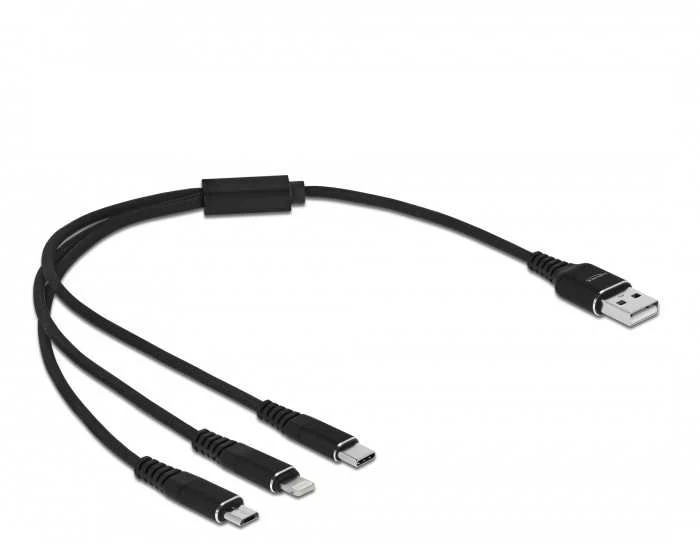 „Delock“ USB įkrovimo laidas „3 viename“, skirtas „Lightning“ / „MicroUSB“ / „Type-C“, 30 cm juodas
