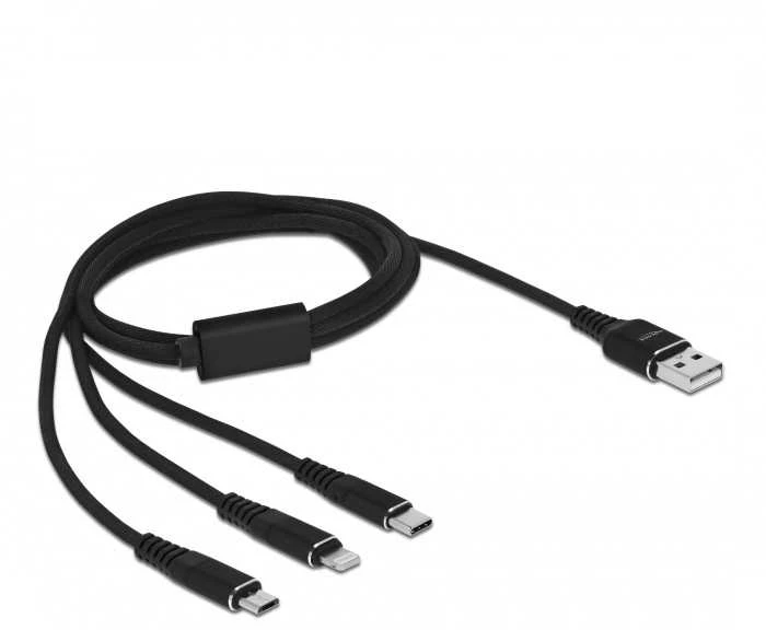 Delock USB įkrovimo laidas 3 viename, skirtas Lightning™ / Micro USB / USB Type-C™ 1 m juodas