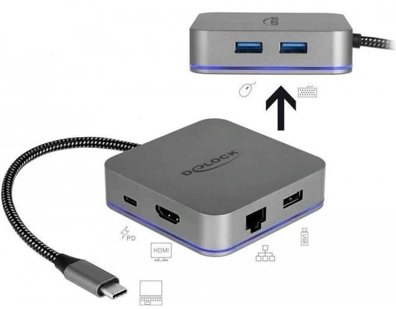 „Delock USB Type-C™“ prijungimo stotelė, skirta mobiliesiems įrenginiams 4K – HDMI/Hub/LAN/PD 3.0