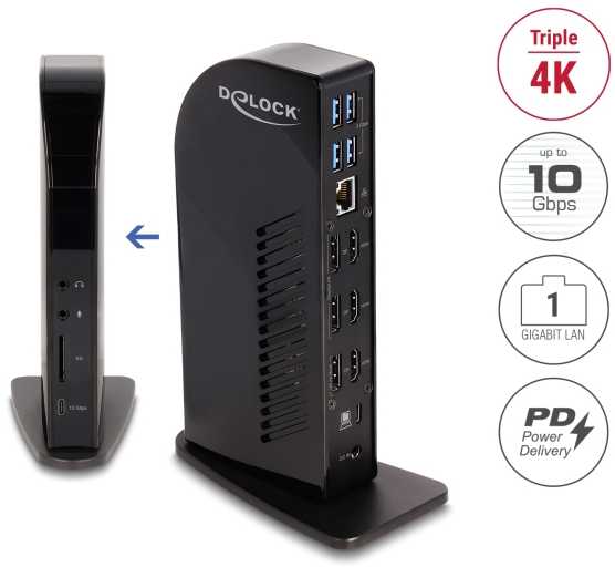 Delock USB Type-C™ trigubo ekrano prijungimo stotelė su DisplayLink® 4K / USB šakotuvas / LAN / SD / garsas / PD 96 W