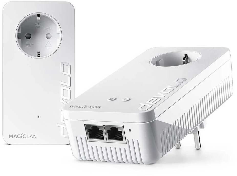 Maršrutizatorius Zebra „devolo Magic 2 WiFi 6 Powerline“ pradinis rinkinys: 1 x „devolo Magic 2 WiFi 6“ adapteris, 1 x „devolo Magic 2 LAN“ adapteris