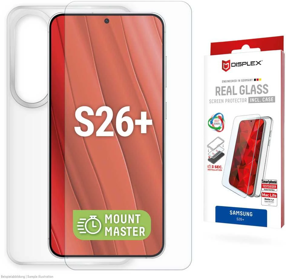 E.V.I. „Samsung Galaxy S26+“ tikras ekrano stiklas MM + dėklas, pagamintas „Displex“ permatomas