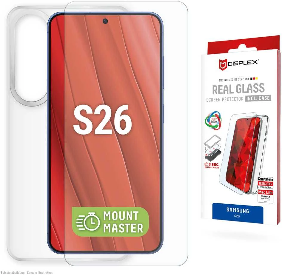 E.V.I. „Samsung Galaxy S26“ tikras ekrano stiklas MM + dėklas, pagamintas „Displex“ permatomas