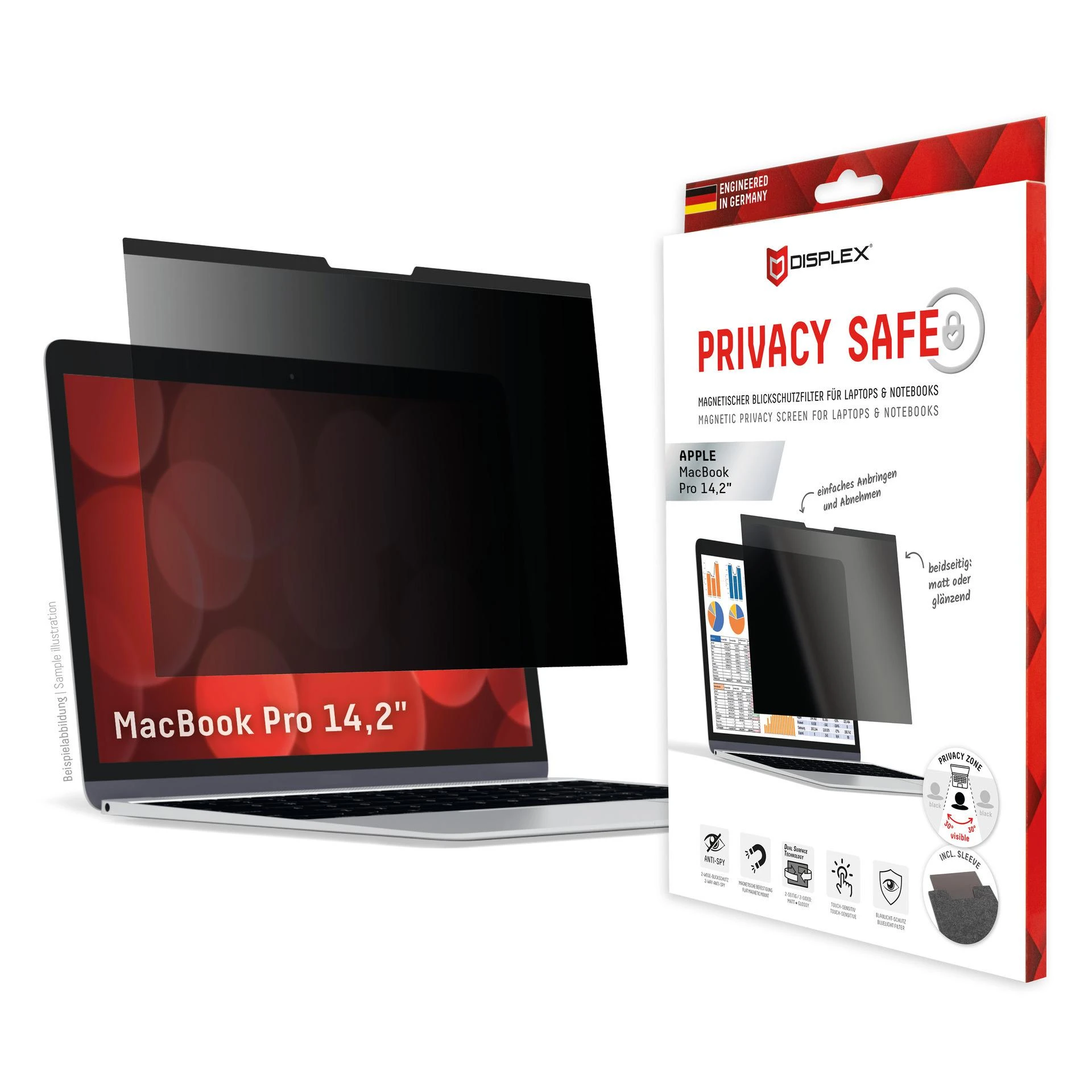DISPLEX Privacy Safe privatumo filtras skirtas MacBook Pro 14.2", neatspindintis mėlynos šviesos filtras, magnetinis priedas