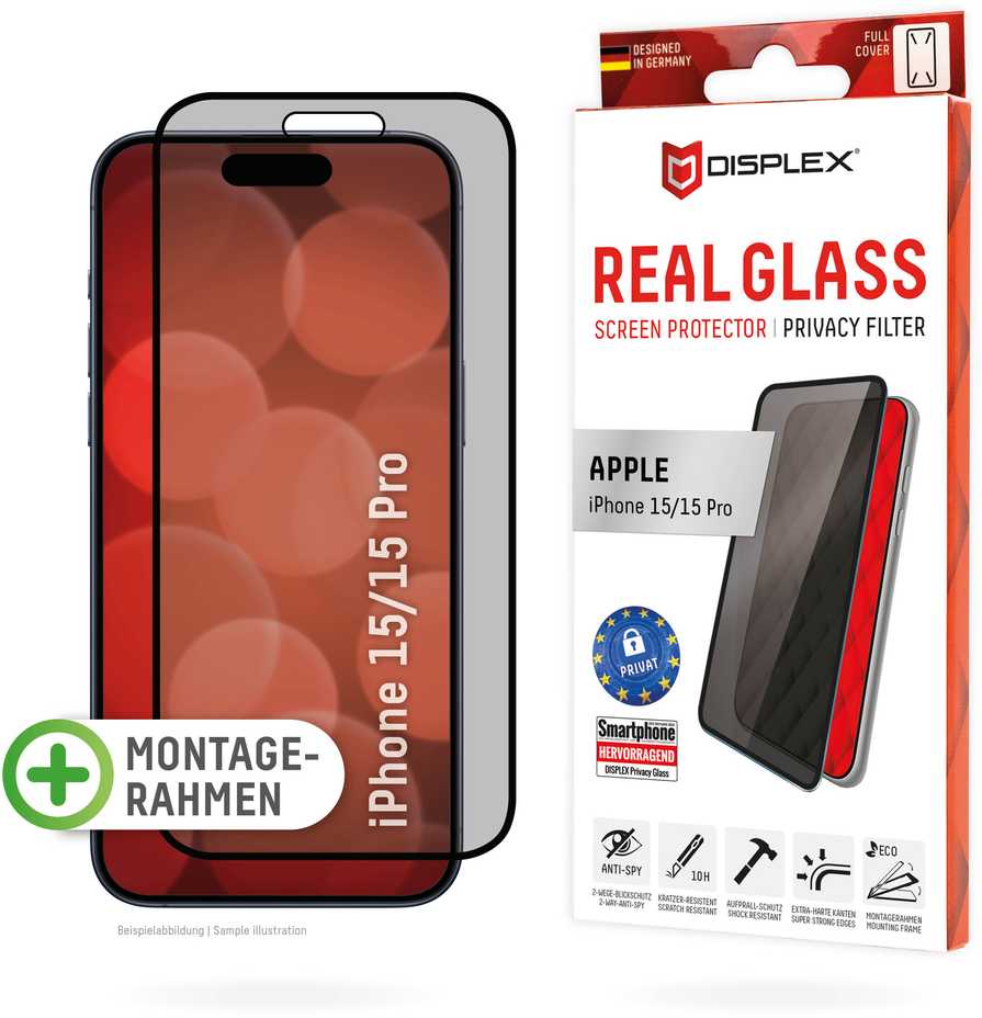 Evi Apple iPhone 15/15 Pro Tikras 3D ekrano privatumo stiklas, gamintojas Displex Juodas