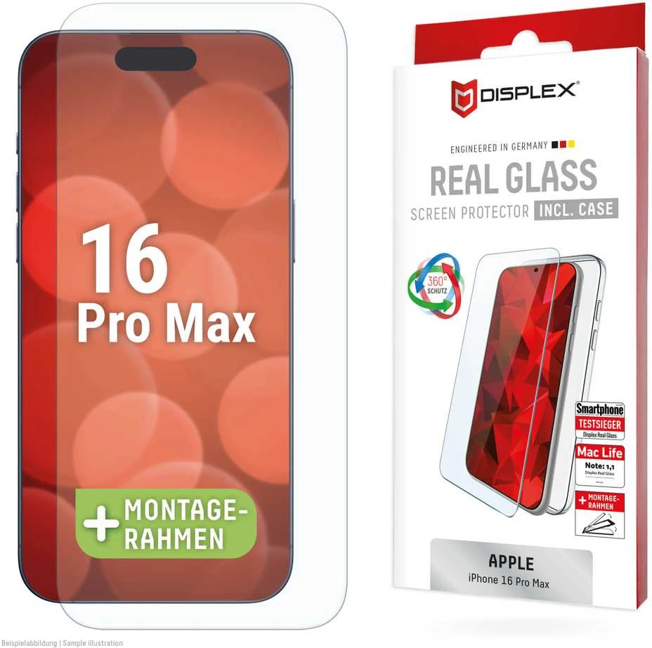 Apple iPhone 16 Pro Max tikras ekrano stiklas + dėklas, pagamintas „Displex“, skaidrus