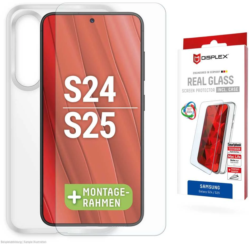 „Samsung Galaxy S25/S24“ tikras ekrano stiklas + dėklas, pagamintas iš „Displex“ skaidraus
