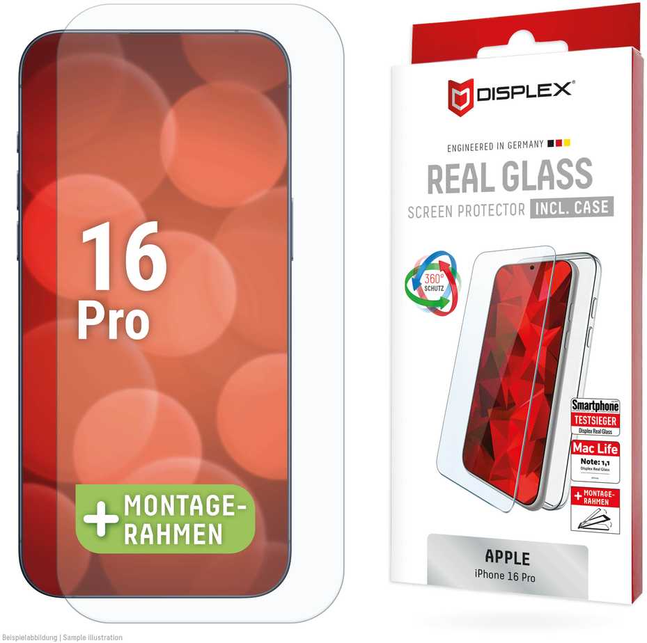 Apple iPhone 16 Pro tikras ekrano stiklas + dėklas, pagamintas „Displex“, skaidrus