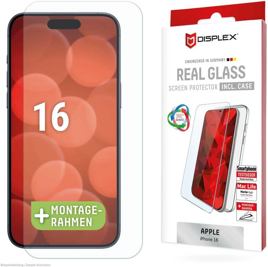 Apple iPhone 16 tikras ekrano stiklas + dėklas, pagamintas „Displex“, skaidrus