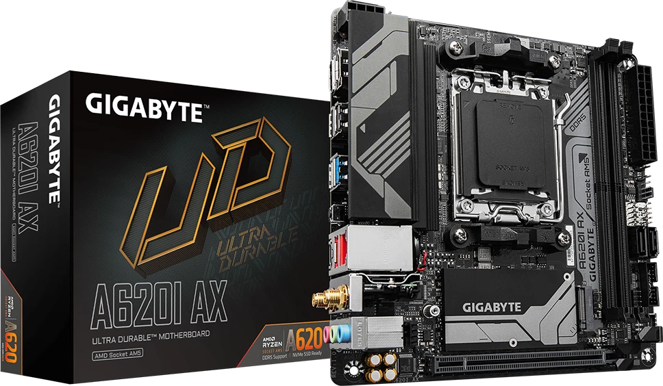 Pagrindinė plokštė Gigabyte Gigabaitas | A620I AX 1.0 | Procesorių šeima AMD | Procesoriaus lizdas AM5 | DDR5 DIMM | Palaikomos standžiojo disko sąsajos SATA, M.2 | SATA jungčių skaičius 2