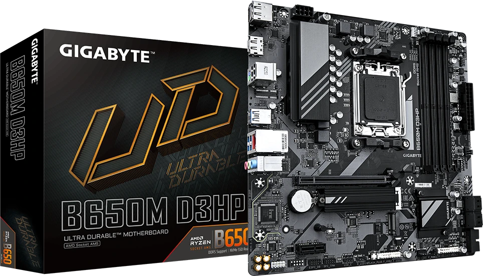 Pagrindinė plokštė „Gigabyte“ | B650M D3HP | Procesorių šeima AMD | Procesoriaus lizdas AM5 | DDR5 DIMM | Atminties lizdai 1 | Palaikomos standžiojo disko sąsajos SATA, M.2 | SATA jungčių skaičius 4 | Lustų rinkinys AMD B650 | „Micro ATX“