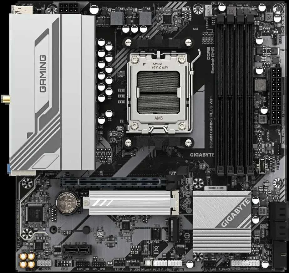 Pagrindinė plokštė Gigabyte B650M GAMING PLUS WF | Procesorių šeima AMD | Procesoriaus lizdas AM5 | DDR5 | Palaikomos standžiojo disko sąsajos M.2, SATA | SATA jungčių skaičius 4